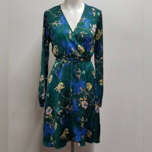Lulu's Love is Life Green Floral Print Satin Wrap Dress Women's Medium Office